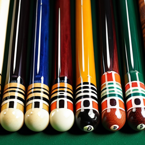 Home 4 **Billiard Cue Stick Selection:** A close-up shot of various billiard cue sticks, highlighting different weights (19-21 ounces) and tip sizes (12-13mm). Focus on a beginner-friendly, medium-weight stick with a stable tip.