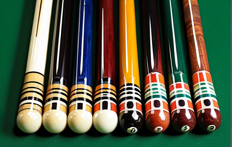 **Billiard Cue Stick Selection:** A close-up shot of various billiard cue sticks, highlighting different weights (19-21 ounces) and tip sizes (12-13mm). Focus on a beginner-friendly, medium-weight stick with a stable tip.