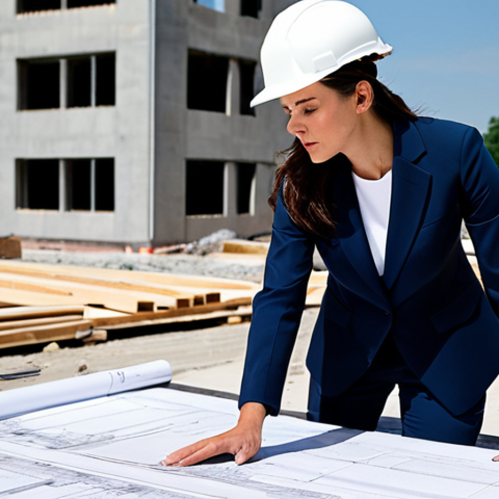 ** A professional female architect in a modest pantsuit, reviewing blueprints on a construction site, wearing a hard hat, fully clothed, appropriate attire, safe for work, perfect anatomy, natural proportions, professional photography, high quality.

**