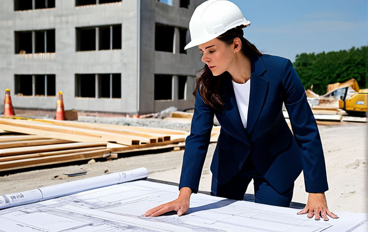 ** A professional female architect in a modest pantsuit, reviewing blueprints on a construction site, wearing a hard hat, fully clothed, appropriate attire, safe for work, perfect anatomy, natural proportions, professional photography, high quality.
**