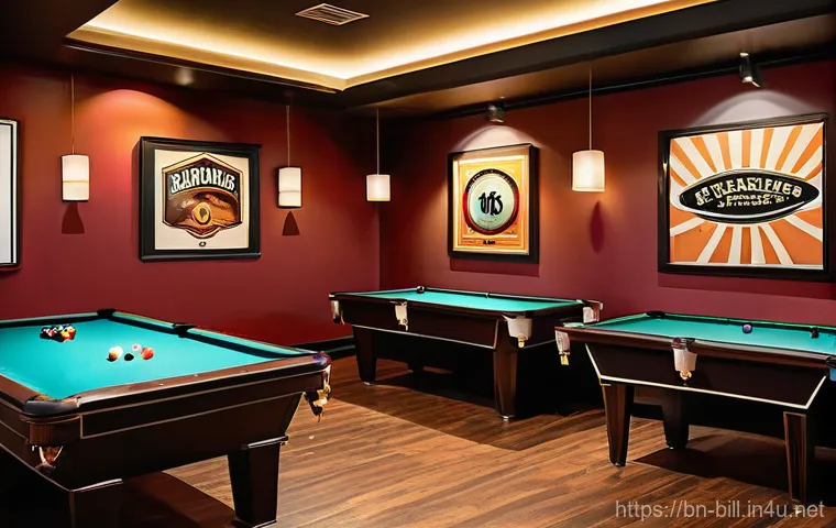 당구장 운영 팁 - **Cozy and Stylish Billiards Club Ambiance**
A modern, inviting billiards club interior, capture...
