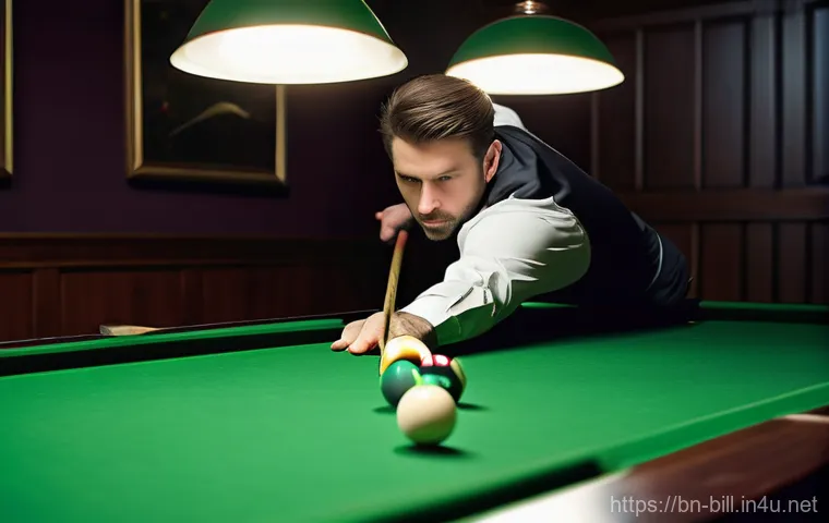 당구 비거리 계산법 - **Prompt:** "An elevated and strategic viewpoint of a professional billiards table, where an adult f... 당구 비거리 계산법 - **Prompt:** "An elevated and strategic viewpoint of a professional billiards table, where an adult f...