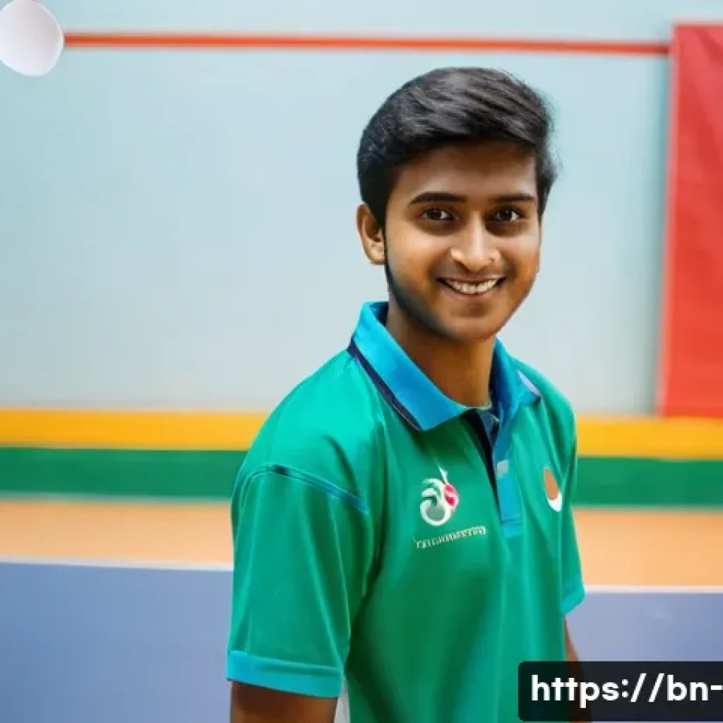 당구 프로필 제작법 - A professional and confident young Bangladeshi table tennis player standing in a clean, well-lit ind...