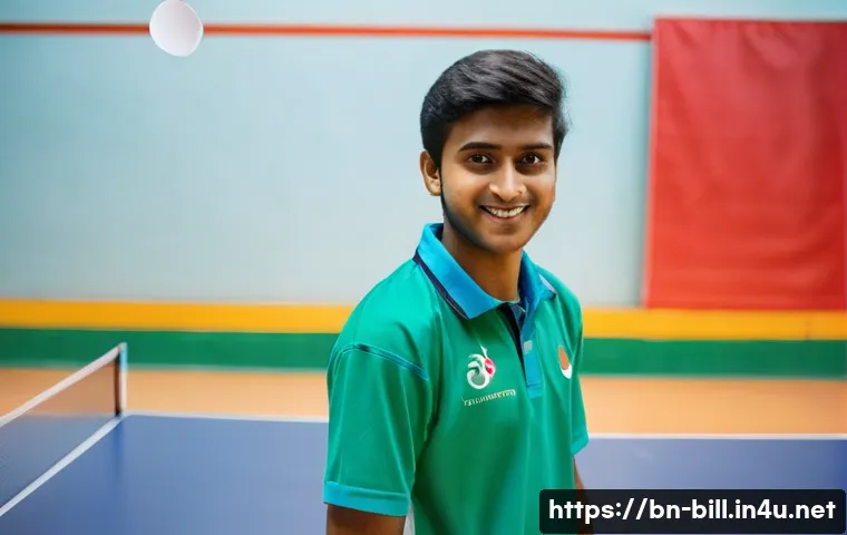 당구 프로필 제작법 - A professional and confident young Bangladeshi table tennis player standing in a clean, well-lit ind...