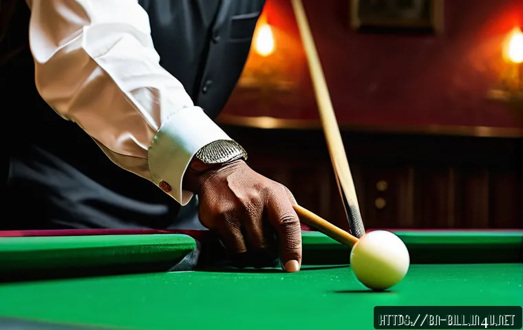 당구 큐의 그립 감 - A detailed close-up image of a Bengali male hand holding a snooker cue with perfect grip technique: ...