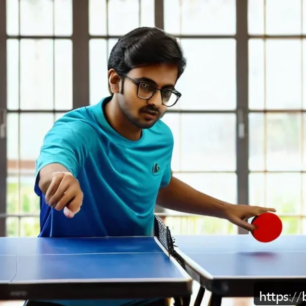 당구 에이밍 시스템 - A focused young Bengali man practicing table tennis indoors, wearing casual sportswear and eyeglasse...