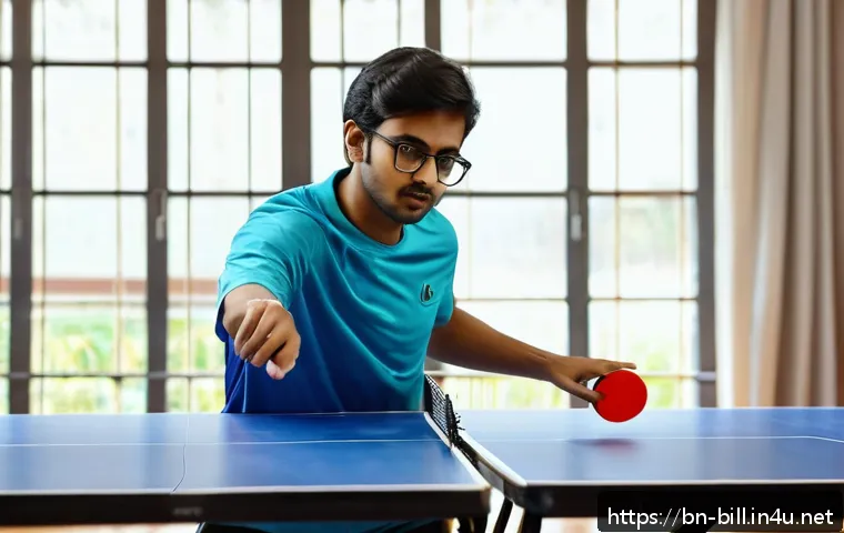 당구 에이밍 시스템 - A focused young Bengali man practicing table tennis indoors, wearing casual sportswear and eyeglasse...