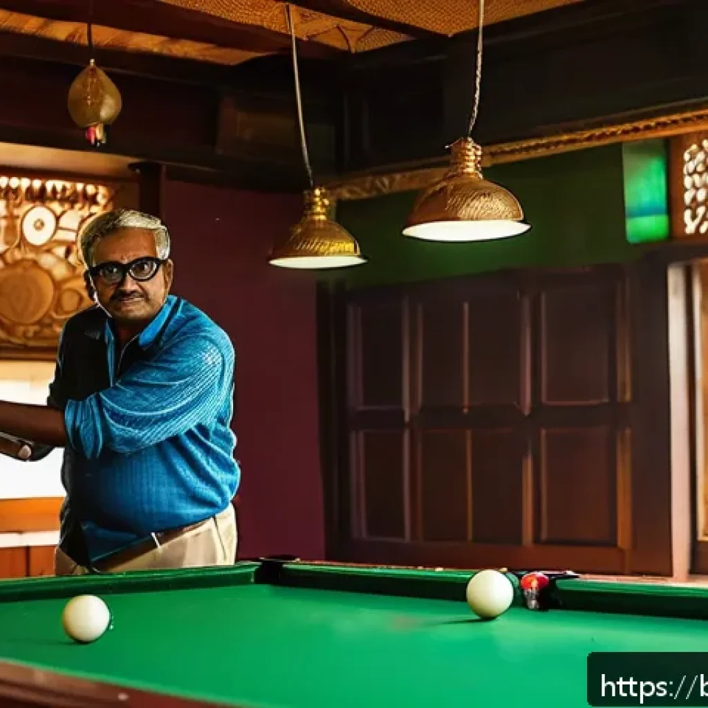 당구 경기 스코어링 시스템 - A detailed indoor scene of a traditional billiards hall in Bangladesh with a middle-aged Bengali man...