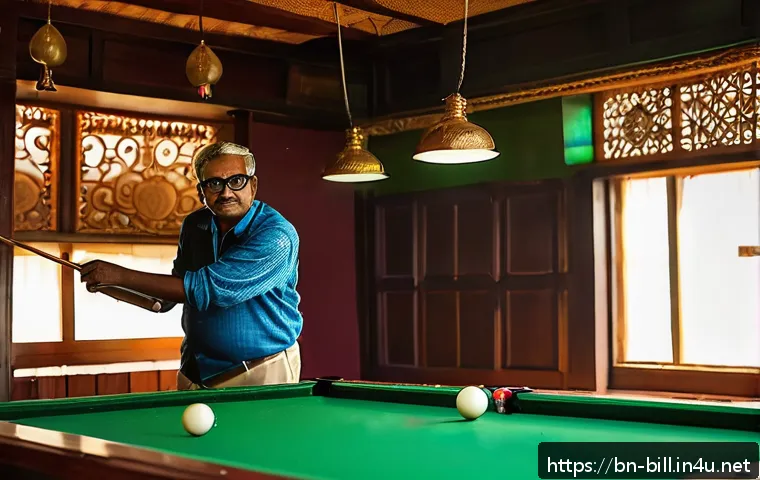 당구 경기 스코어링 시스템 - A detailed indoor scene of a traditional billiards hall in Bangladesh with a middle-aged Bengali man...