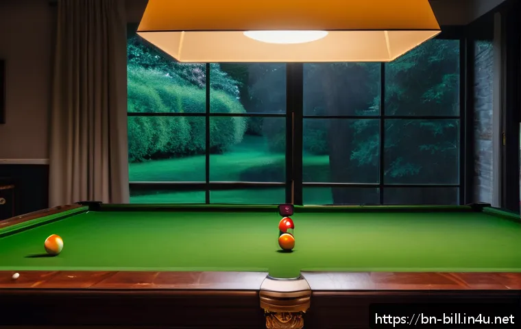당구 영상 촬영 팁 - A professional billiards video shoot setup in a cozy indoor room with soft natural morning light fil...