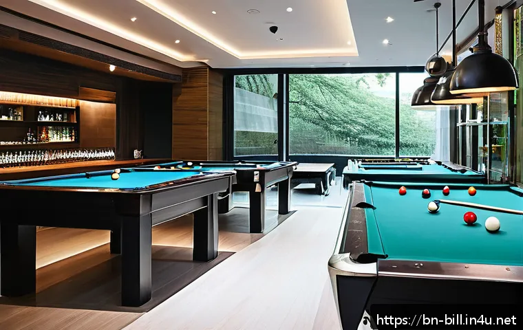 서울 당구장 추천 - A modern billiards bar interior in Seoul&rsquo;s Gangnam district featuring sleek glass pool tables with s...