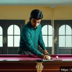 당구 트릭샷 연습법 - A detailed scene of a young Bengali male billiards player practicing trick shots indoors, focusing o...