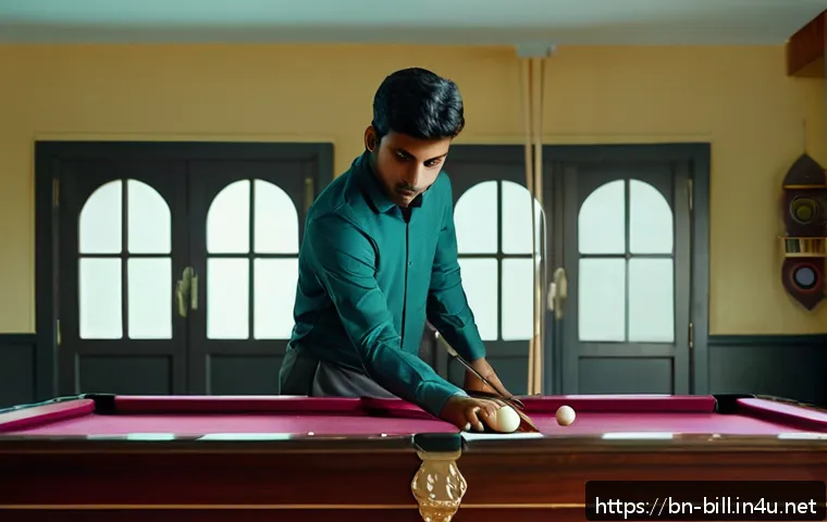 당구 트릭샷 연습법 - A detailed scene of a young Bengali male billiards player practicing trick shots indoors, focusing o...