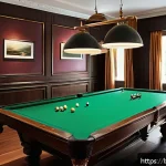 당구 테이블 수평 맞추는 법 - A detailed scene of a traditional billiard room with a classic wooden billiard table under bright, n...