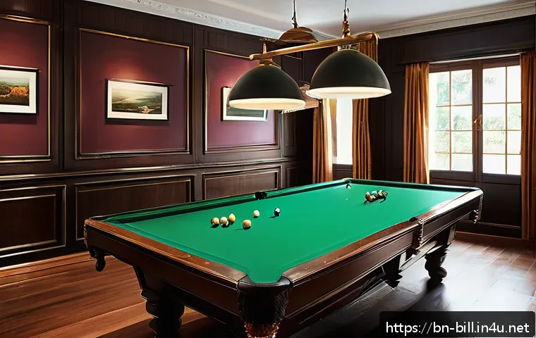 당구 테이블 수평 맞추는 법 - A detailed scene of a traditional billiard room with a classic wooden billiard table under bright, n...