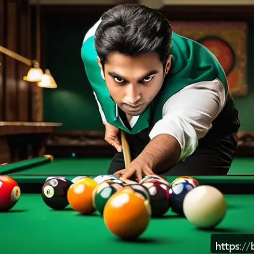 당구 스포츠 채널 - A detailed scene of a traditional standing billiards game setup, featuring a large 9 to 12-foot bill...