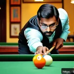 당구 치는 법 기초 - A detailed scene of a Bengali man playing pool indoors, focusing on his precise cue holding and stan...