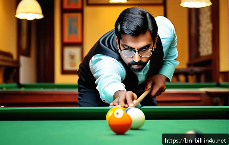 당구 치는 법 기초 - A detailed scene of a Bengali man playing pool indoors, focusing on his precise cue holding and stan...
