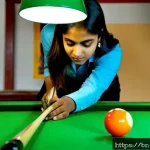 당구 레슨 무료 체험 - Photorealistic billiards lesson trial in a modern Dhaka-style pool hall, a friendly Bengali female i...