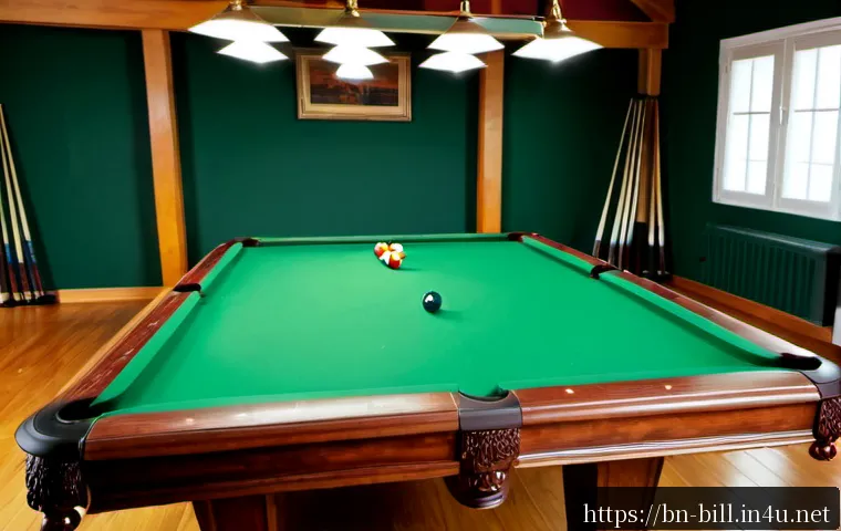 당구 스탠드 추천 - Photorealistic billiard room featuring a sturdy freestanding cue stand beside a green pool table, ne...