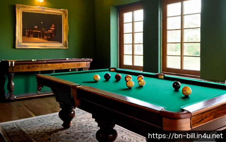 Home 17 당구 브랜드 히스토리 - Photorealistic heritage billiards room showing a handcrafted wooden pool table as the central subjec...