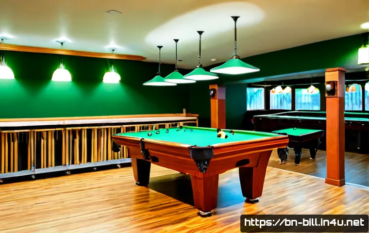 당구 클럽 창업 가이드 - Photorealistic wide interior of a newly opened billiards club, several pristine green felt pool tabl...