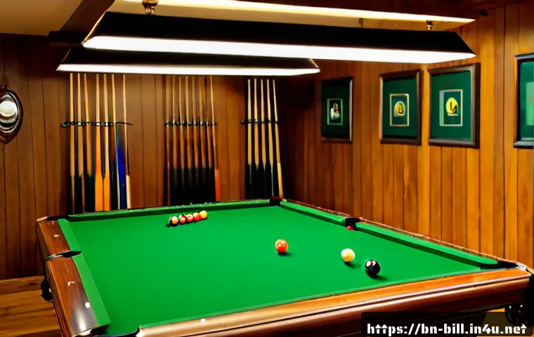 Home 17 당구 큐 거치대 추천 - Photorealistic billiards room featuring a sturdy freestanding wooden cue rack holding six polished p...